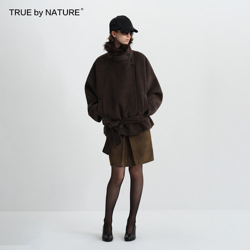 TRUE by NATURE 70%羊毛 复古双面呢可拆卸毛领短款毛呢大衣外套