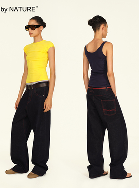 TRUE by NATURE复古蓝色原牛微弯刀3D立体剪裁版型低腰阔腿牛仔裤