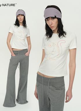 TRUE by NATURE 设计师手绘原创小猫印花纯棉正肩上衣白色短袖T恤
