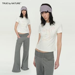 TRUE by NATURE 设计师手绘原创小猫印花纯棉正肩上衣白色短袖T恤
