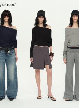 TRUE by NATURE 领口撞色 设计感一字肩压皱堆叠长袖天丝上衣T恤