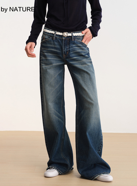 TRUE by NATURE 蓝色复古洗水低腰直筒宽松做旧磨破长款牛仔裤
