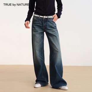 TRUE by NATURE 蓝色复古洗水低腰直筒宽松做旧磨破长款牛仔裤