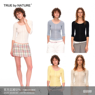 TRUE by NATURE 坑条纹镂空拼接设计轻薄七分袖修身针织短袖T恤女