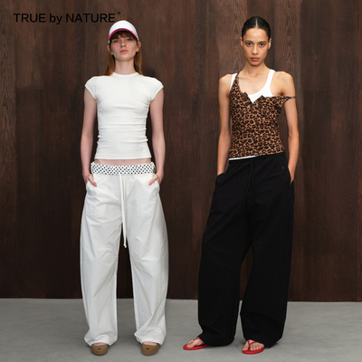 腰头双穿设计微弯刀拼接休闲裤