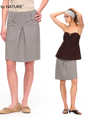 TRUE by NATURE 复古格纹低腰短款解构感翻折裙摆直筒微A字半身裙
