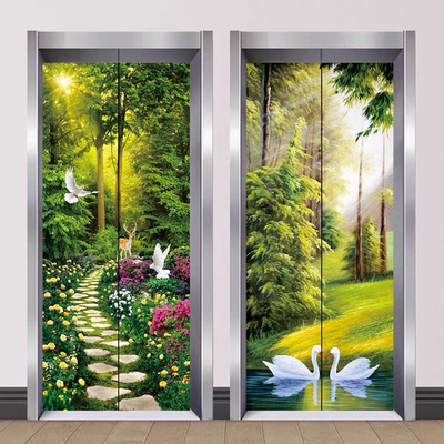 森林风景小道电梯门贴纸水井门大视野装饰海报画整张客厅玄关壁纸