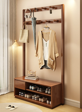 实木衣架落地  卧室进门换鞋凳挂衣架一体门口衣帽架家用可坐鞋架