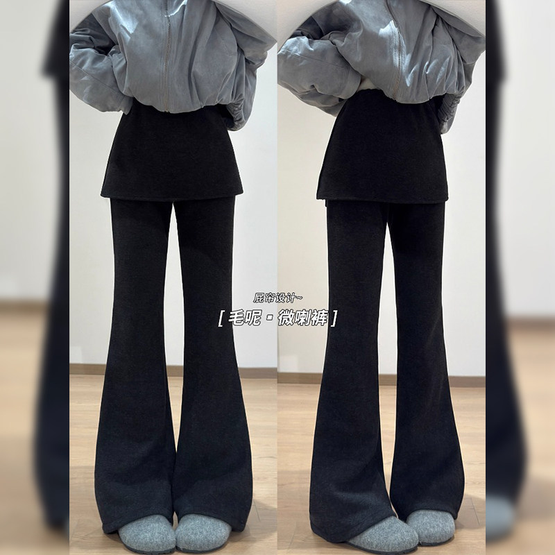 2025秋冬加绒带屁帘假两件微喇叭裤女百搭显瘦休闲小个子喇叭裤子