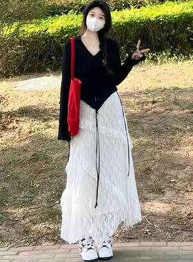 白色百搭时尚垂感蕾丝半身裙女2025新款a字半裙长裙不规则蛋糕裙
