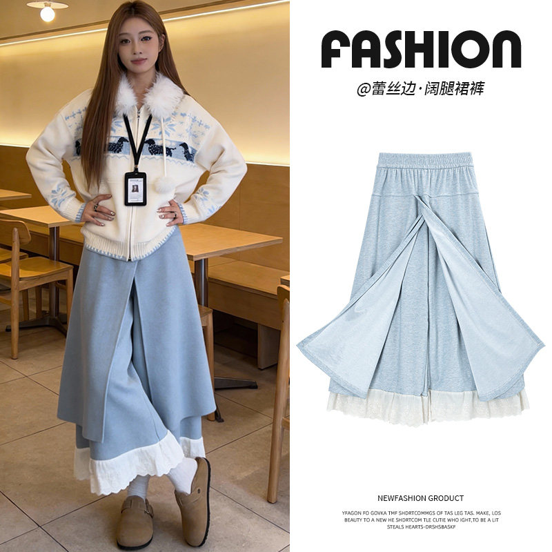 拼接蕾丝花边加绒阔腿裤女2026新款休闲风高腰假两件加绒毛呢裤裙,女装/女士精品,休闲裤,淘宝优惠券,粉丝福利购,淘宝优惠卷