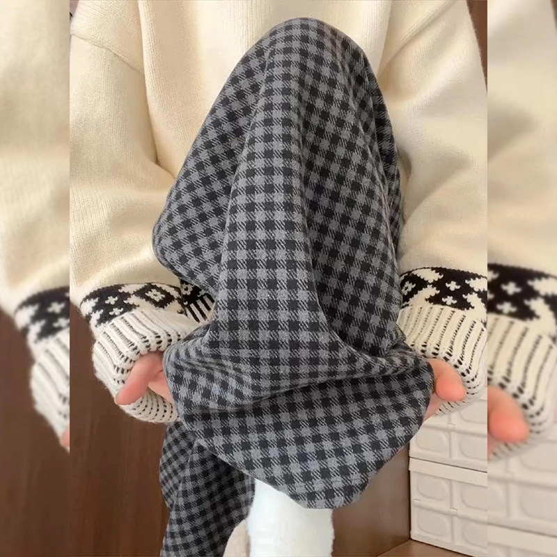 高腰显高舒适羊羔绒直筒裤女2026新款休闲阔腿裤加绒黑白格子裤,女装/女士精品,休闲裤,淘宝优惠券,粉丝福利购,淘宝优惠卷