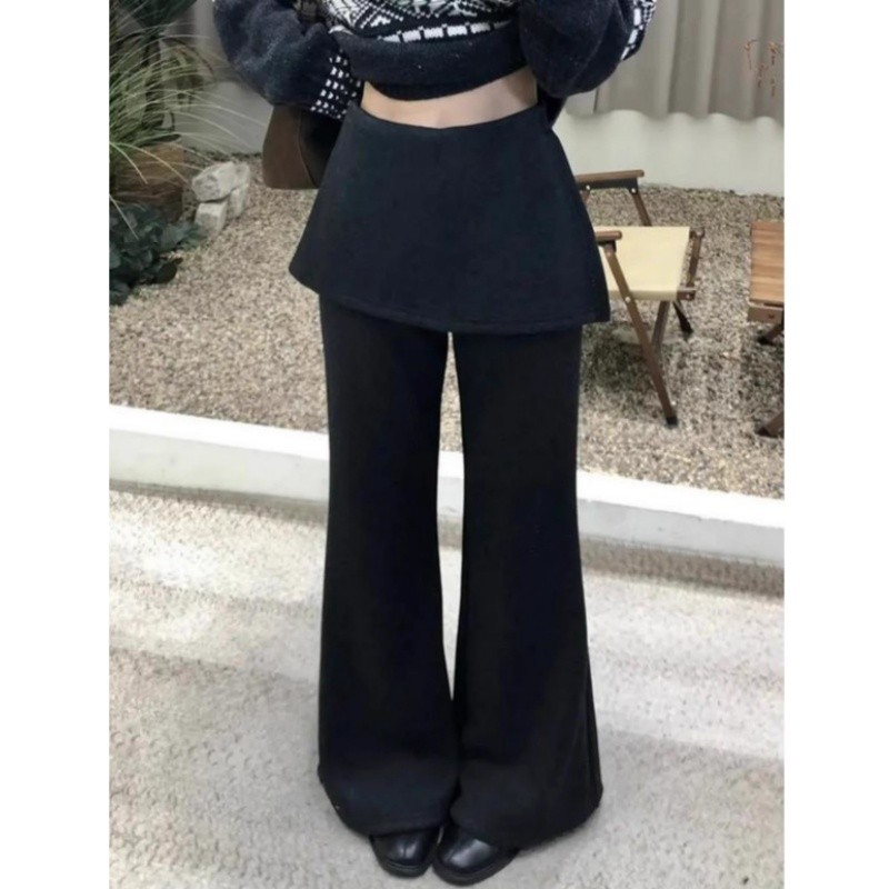 秋冬加绒韩国东大门屁帘假两件微喇叭裤女2025梨形显瘦身材休闲裤