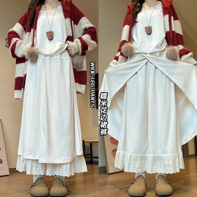 加绒拼接蕾丝花边阔腿裤女2025新款秋冬宽松休闲高腰百搭显瘦裙裤,女装/女士精品,休闲裤,淘宝优惠券,粉丝福利购,淘宝优惠卷