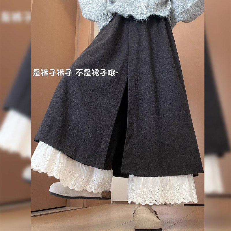 加绒拼接蕾丝花边阔腿裤女2026新款秋冬高腰宽松显瘦裙裤小个子,女装/女士精品,休闲裤,淘宝优惠券,粉丝福利购,淘宝优惠卷