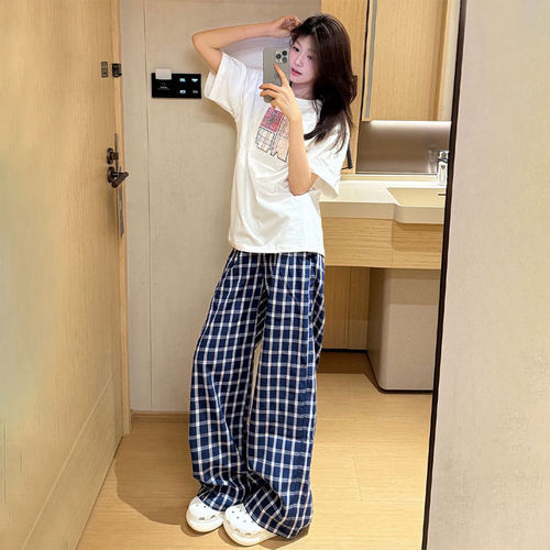 藏蓝色格子裤女2026春新款慵懒风