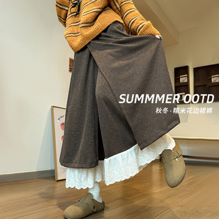 秋冬宽松百搭休闲高腰显瘦裙裤 加绒拼接蕾丝花边阔腿裤 女2025新款