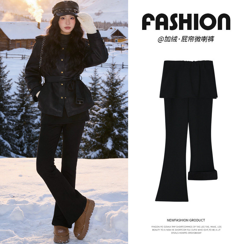 黑色高腰屁帘微喇裤女冬季2026新款修身显瘦时尚百搭加绒拖地长裤,女装/女士精品,休闲裤,淘宝优惠券,粉丝福利购,淘宝优惠卷