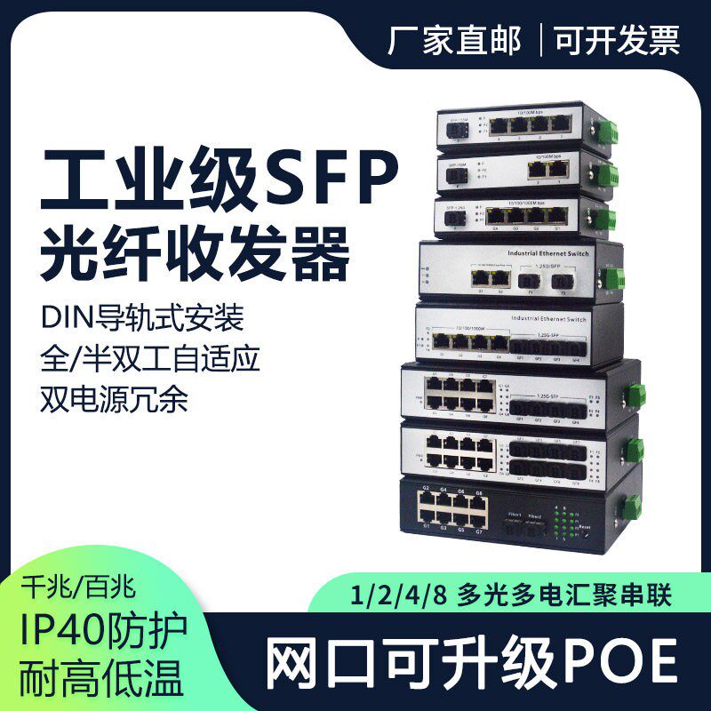 工业级千兆5口导轨式百2光4光8光8电16电24电SFP光纤收发器交换机