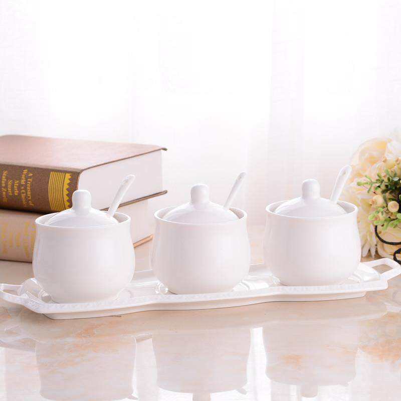 纯白色陶瓷调味罐带瓷盘套厨房收纳储物创意调料盒三件套鼓型盐罐