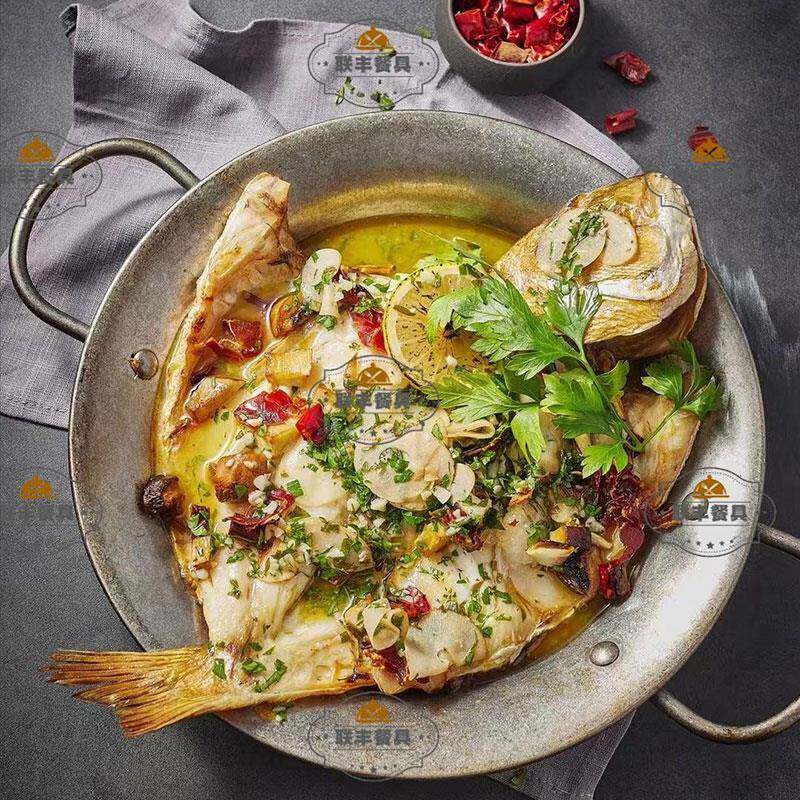 美式饭厅不锈钢盘碗哑光西班牙海鲜锅日式做旧餐具创意平底小干锅