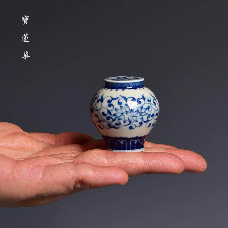 手绘青花罐形盖置 景德镇陶瓷盖托 盖架壶盖座把玩件中式茶道用具