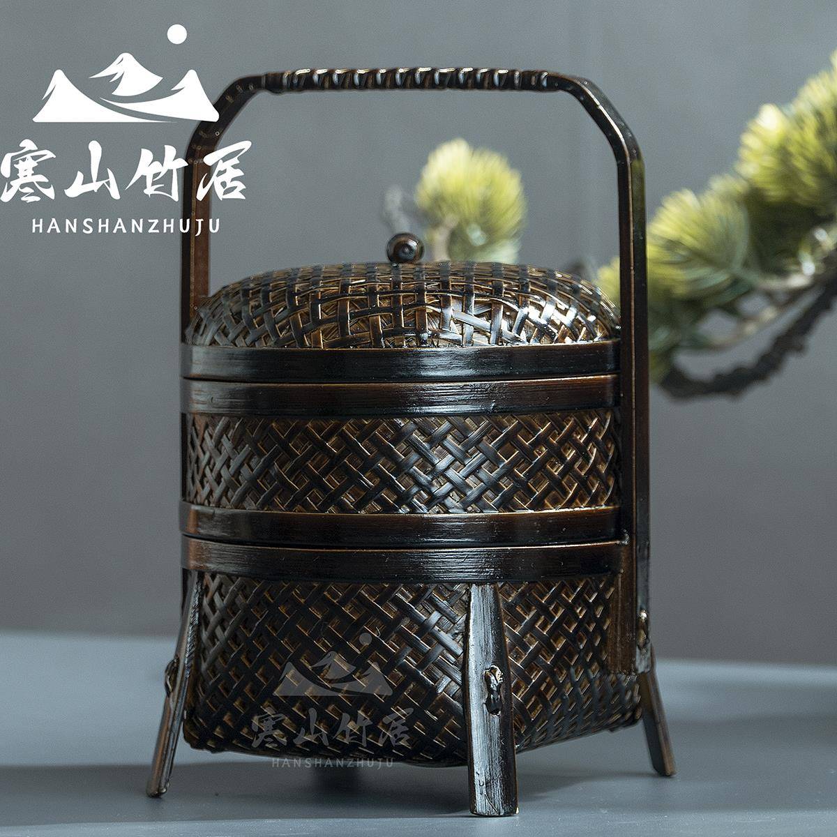 邱峰竹编邱师傅竹木TH004纯手工编织大漆四脚双层小提盒复古提篮