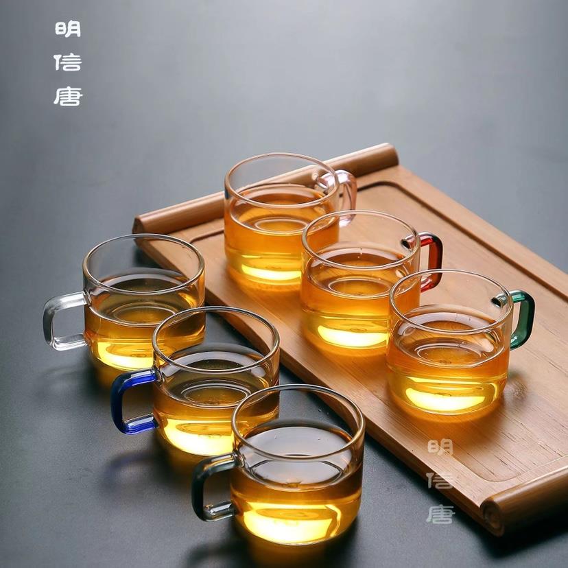 明信唐堂 6支装加厚品茗杯耐热透明小茶杯带把高硼硅玻璃茶碗套装