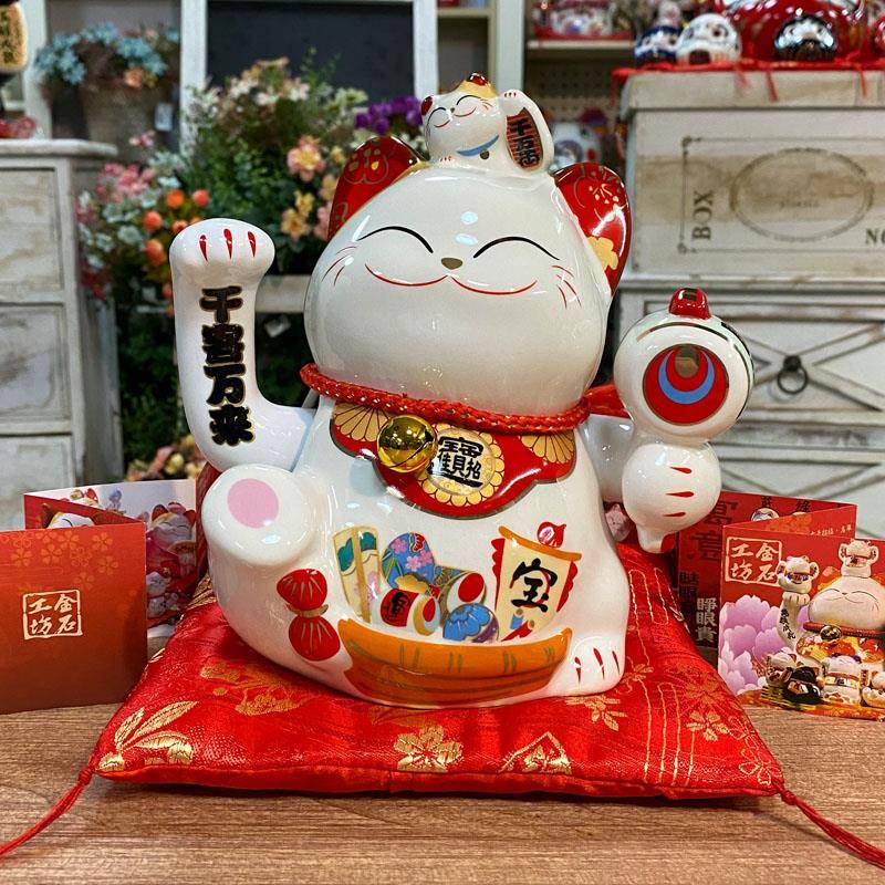 金石工坊千客万来招财猫中号摇右手陶瓷客厅收银台旺财摆件发财猫