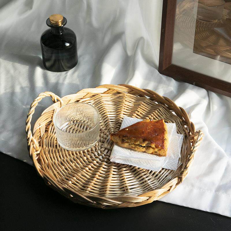 手工柳编藤编水果篮圆形食物烘培面包托盘陈列展示篮子零食筐果盘