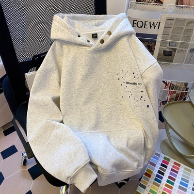 潮牌纽扣白灰色重磅连帽衫卫衣男