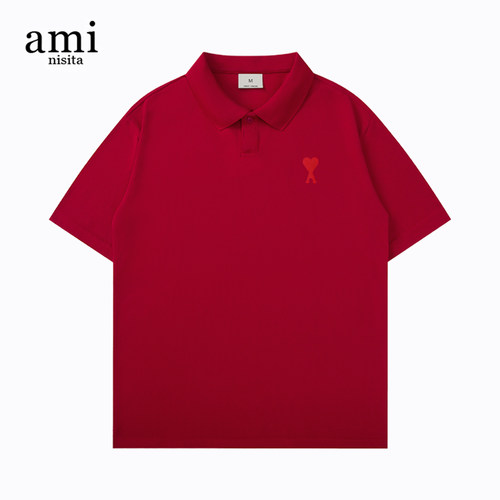 AMI NISITA官方酒红色Polo衫短袖男女情侣装夏季纯棉宽松翻领T恤