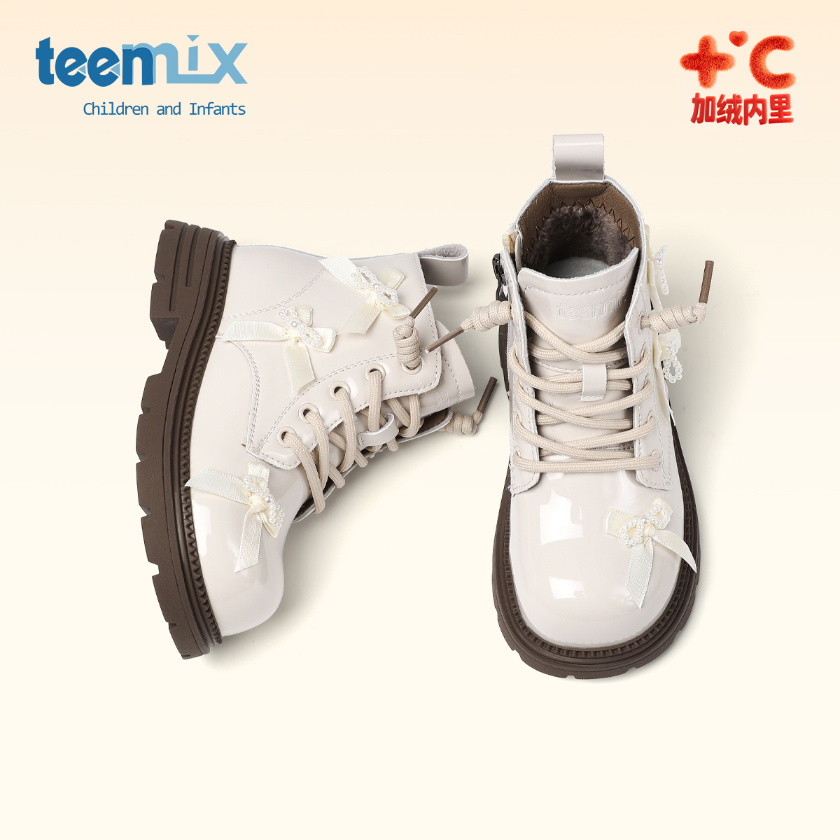 天美意童鞋2025年冬季新款女宝百搭珍珠蝴蝶结女童加绒皮靴