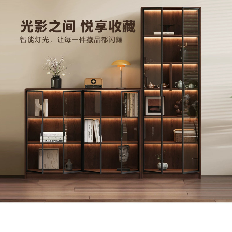 中古风玻璃门书柜带灯展示柜客厅落地书架防尘书橱手办茶具陈列柜