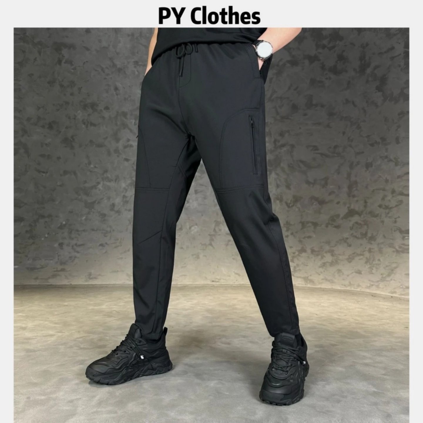 简约百搭男黑色休闲裤春季直筒百搭修身系绳拉链款极简风运动长裤