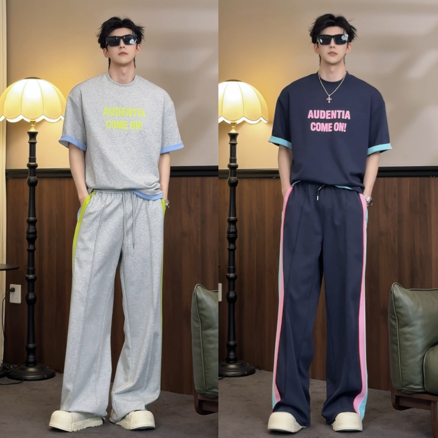 2026夏季新款男士时尚潮流美式字母撞色短袖长裤两件套高级感套装