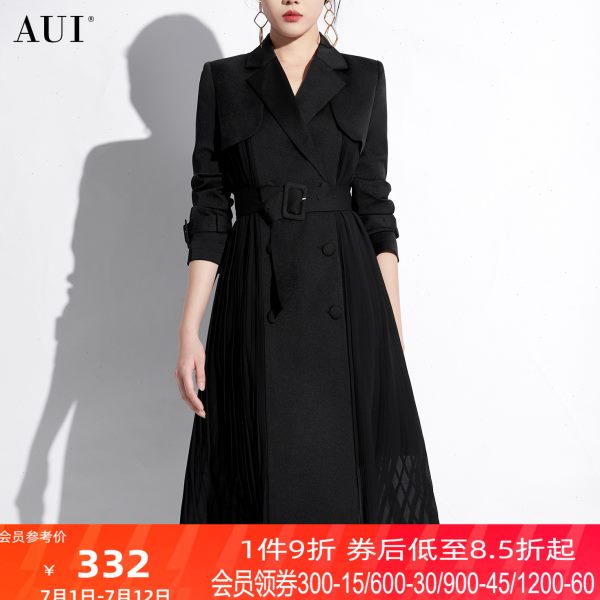 AUI欧美风黑色过膝长款风衣外套女2025秋冬新款御姐气质收腰大衣