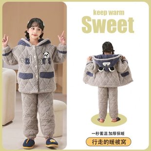 母女棉睡衣亲子儿童款 夹连帽冬季 女童家居服女孩加厚三层加厚套装