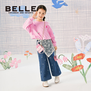百丽童装女童牛仔裤2026春季新款儿童休闲裤女孩直筒裤洋气阔腿裤