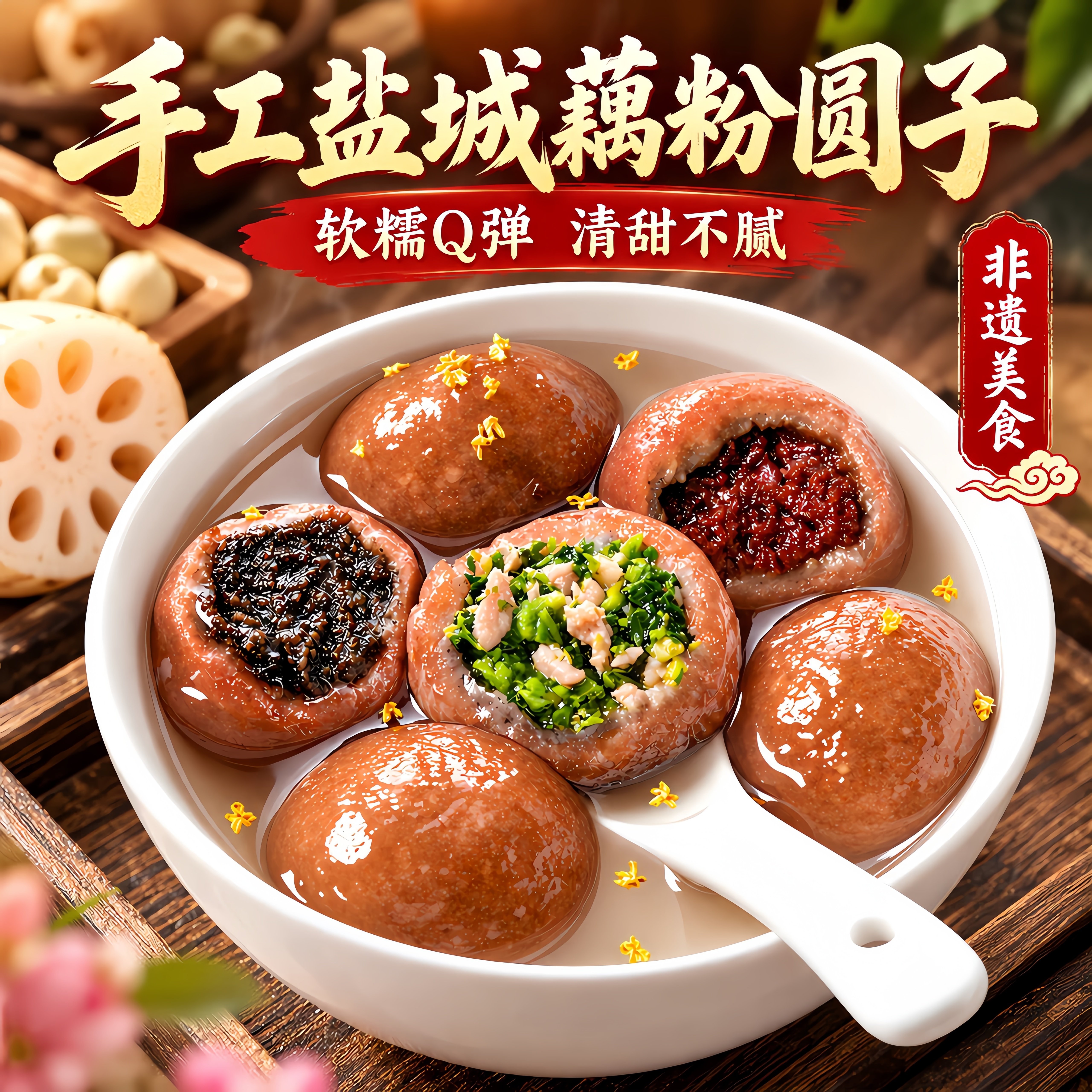 江苏盐城特产藕粉圆子张庄手工偶粉圆黑芝麻馅大汤圆子元宵小吃