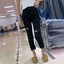 黑色破洞牛仔裤女2025夏季薄款大码弹力直筒裤高腰显瘦九分烟管裤