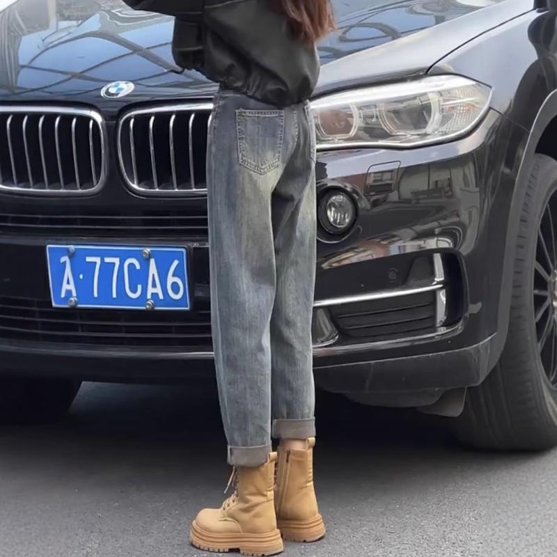 大码女装复古百搭直筒牛仔裤女2025春季爆款弹力显瘦九分哈伦裤子