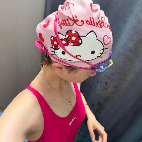 hellokitty泳帽女不勒头长发硅胶高弹力浴帽泳镜一套可爱防水帽子