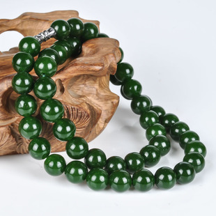 新疆和田玉碧玉项链菠菜绿女款10mm玉石项链精品男女款圆珠链子