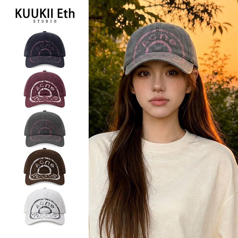 KUKIÐ美式手绘涂鸦印花字母棒球帽女户外时尚水洗棉休闲鸭舌帽