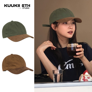 KUKI&ETH日系麂皮拼接鸭舌帽女撞色棒球帽软顶帽子新款帽子潮牌