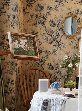 美式复古无缝墙布壁画定制墙纸蓝色大花顾大爷网红卧室背景墙壁纸