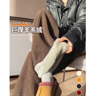休闲人字纹羊羔绒裤 加绒加厚东北棉裤 子 女秋冬季 咖色雪尼尔阔腿裤