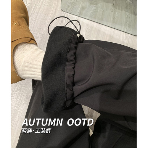黑色加绒工装裤女款酷飒风伞兵裤