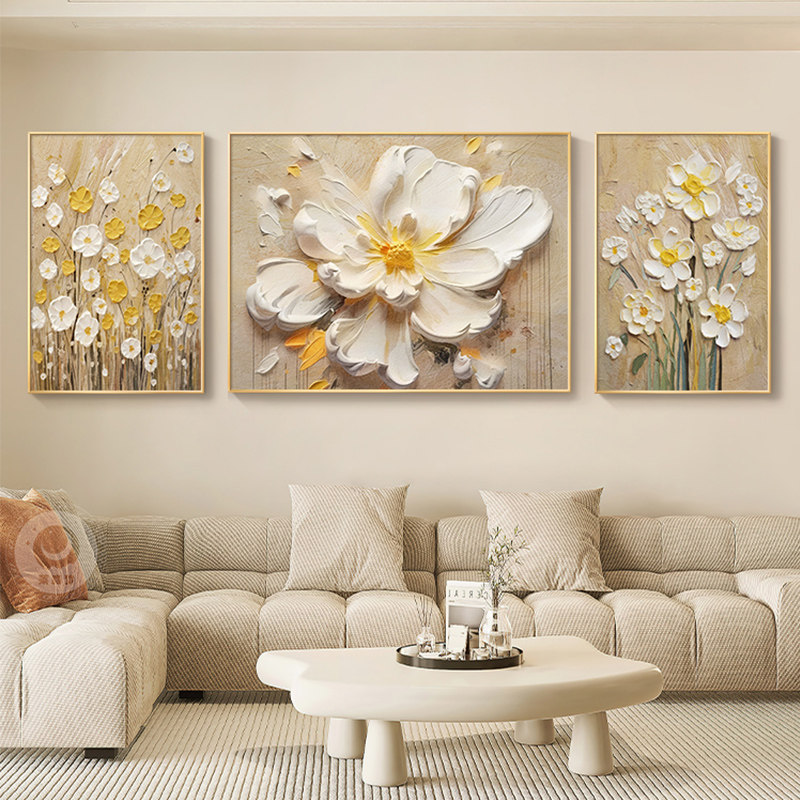 优选奶油中古风客厅装饰画轻奢高级肌理感三联壁画花卉沙发背景墙,家居饰品,现代装饰画,淘宝优惠券,粉丝福利购,淘宝优惠卷